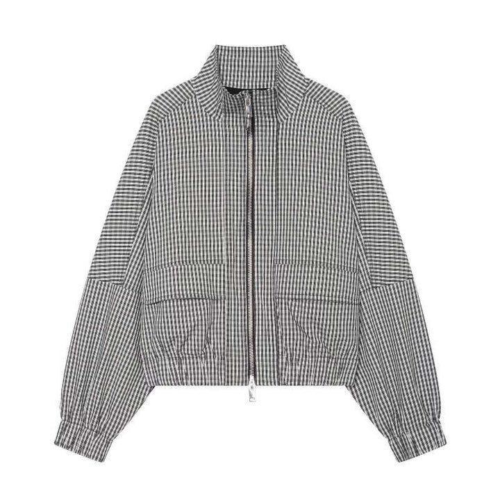Women Cropped Boxy Jacket in Vichy Check with Stand Collar and Two-Way Zip