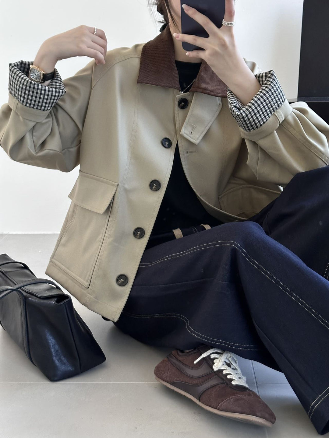 Women Boxy Transitional Jacket with Cord Collar and Large Flap Pockets