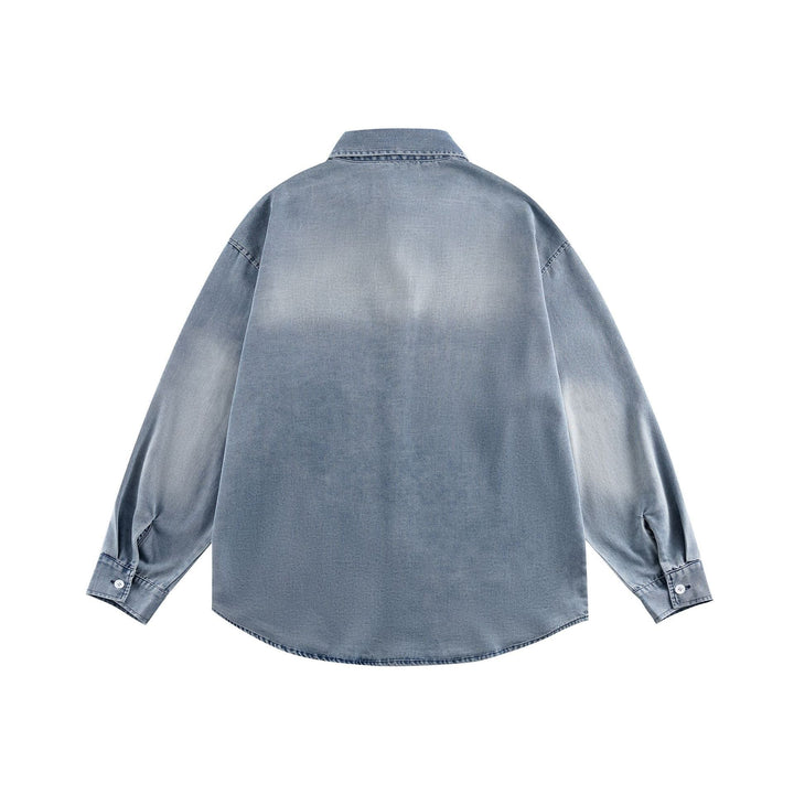Unisex Oversize Denim Shirt Jacket with Rounded Hem and Embroidered Chest Motif