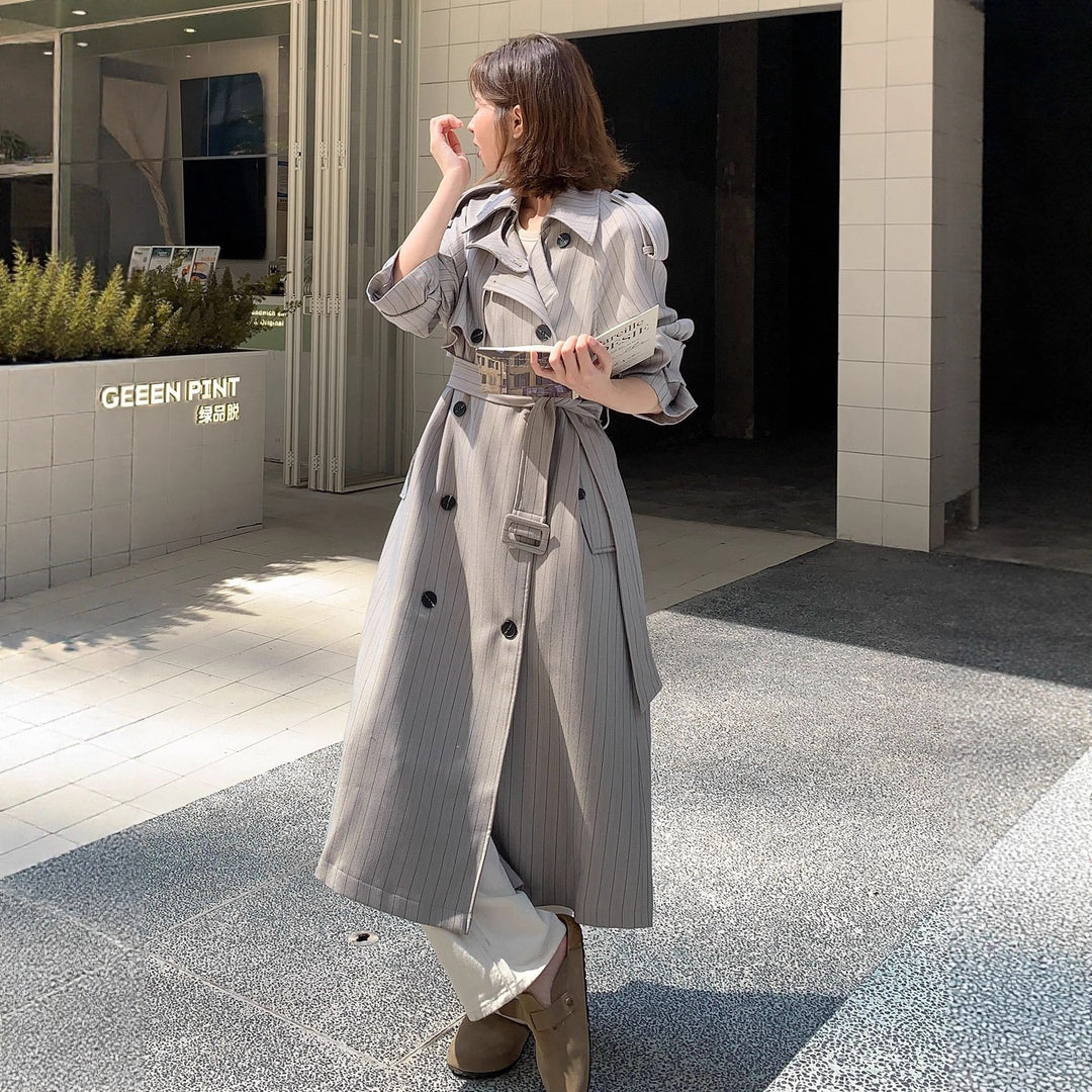 Women Elegant Maxi Long Pinstripe Trench with Shoulder Pads and Gathered Sleeves