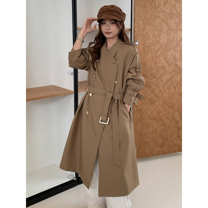 Women Long Cut Trench Coat with Double-Breasted Button Placket and Adjustable Sleeve Straps