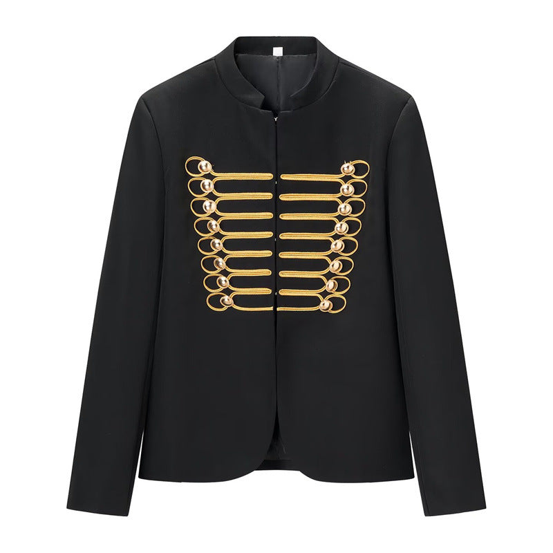 Women Military-Inspired Short Jacket with Stand-Up Collar and Golden Decorative Braid