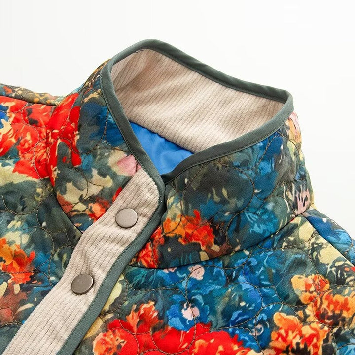 Women Quilted Transitional Jacket with Floral Allover Pattern and Stand Collar