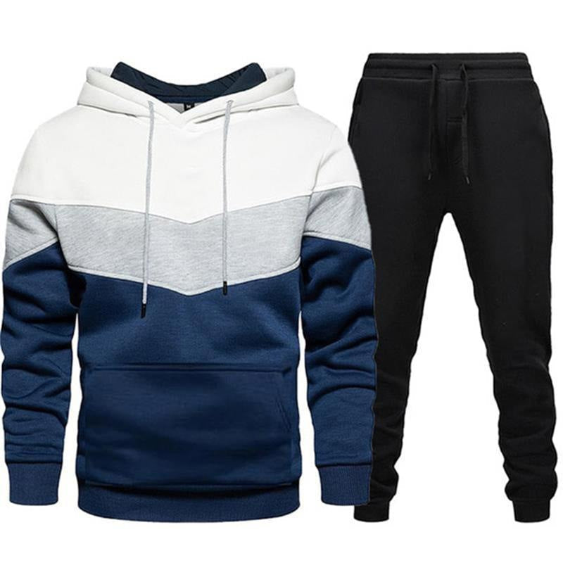 Men two-tone hoodie jogging set with kangaroo pocket, tapered jogging pants and double-layered hood