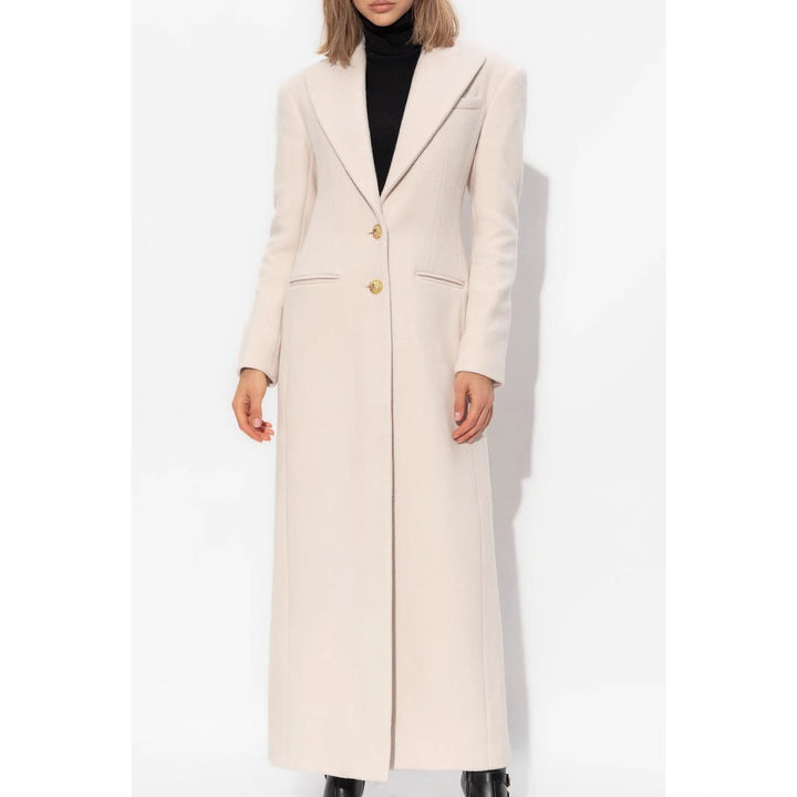 Women’s long-cut wool coat with tailored fit and golden buttons