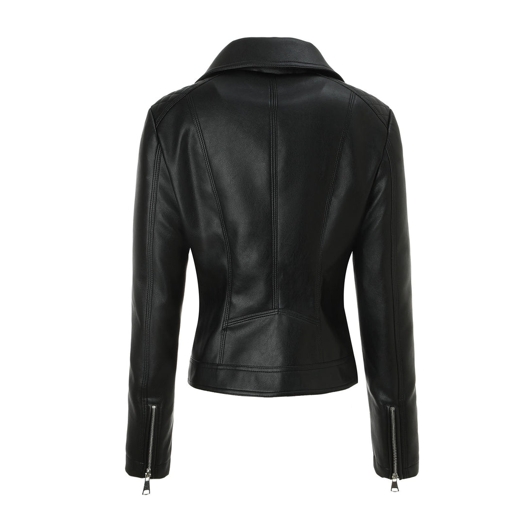 Women Tailored Biker Leather Jacket with Quilted Shoulders