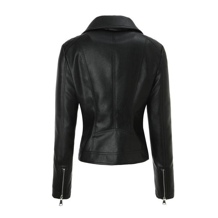 Women Tailored Biker Leather Jacket with Quilted Shoulders