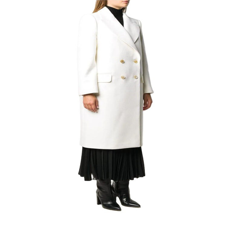 Women Slim Double-Breasted Wool Blend Long Coat with Shawl Collar, Gold Button Detail and Flap Pockets