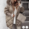 Women longer quilted winter parka with large hood and faux fur trim
