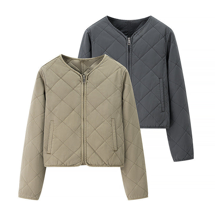 Women Light Quilted Short Jacket with Round Neck, Full Zip and Subtle Waist Length