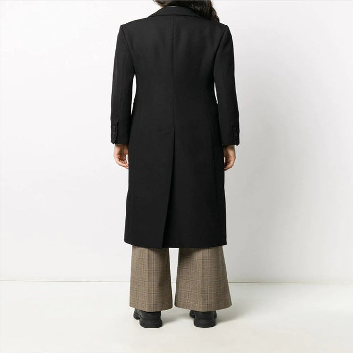 Women Elegant Single-Breasted Long Coat in Tuxedo Style with Narrow Lapels and Satin Trim