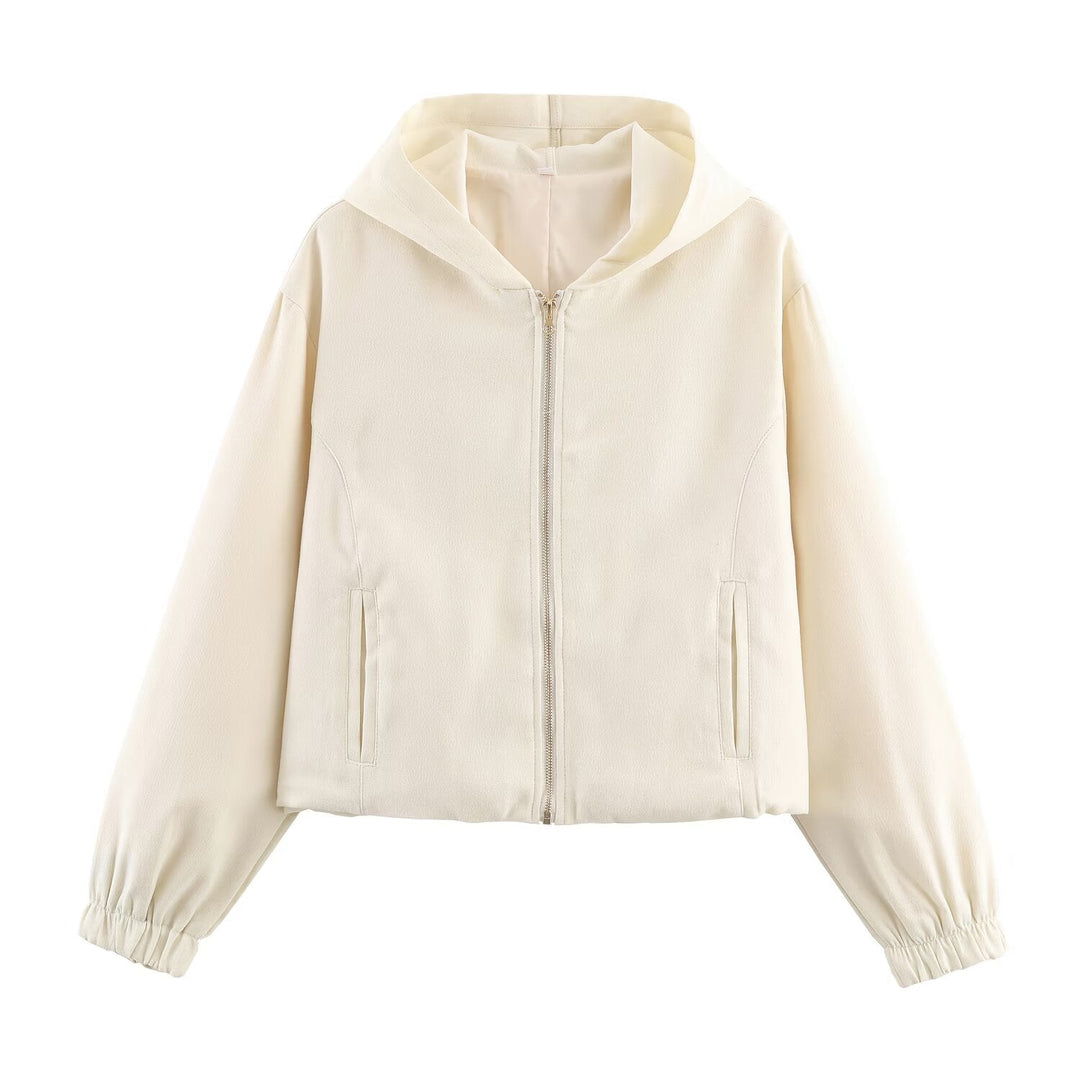 Ladies Boxy Hooded Jacket in Velvet Look with Full Zip and Elastic Hem