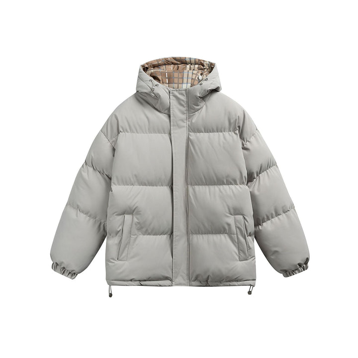 Women Padded Oversize Quilted Jacket with Hood, High Collar and Checked Lining