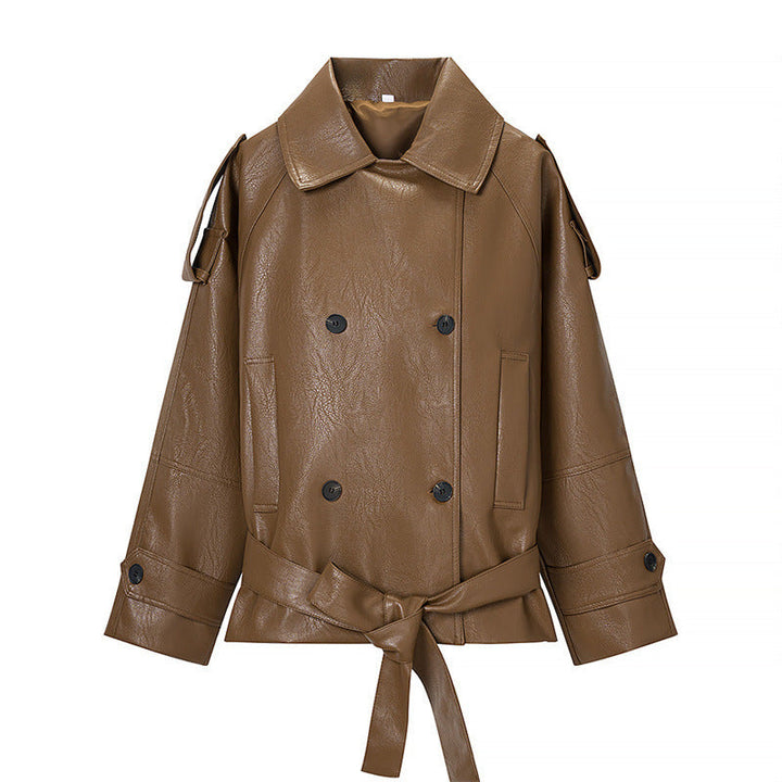Women Cropped Faux Leather Trench Coat with Waist Belt, Double Breasted and Epaulettes