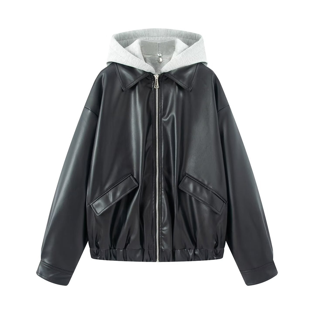 Women Oversize Faux Leather Blouson with Hood Insert and Flap Pockets