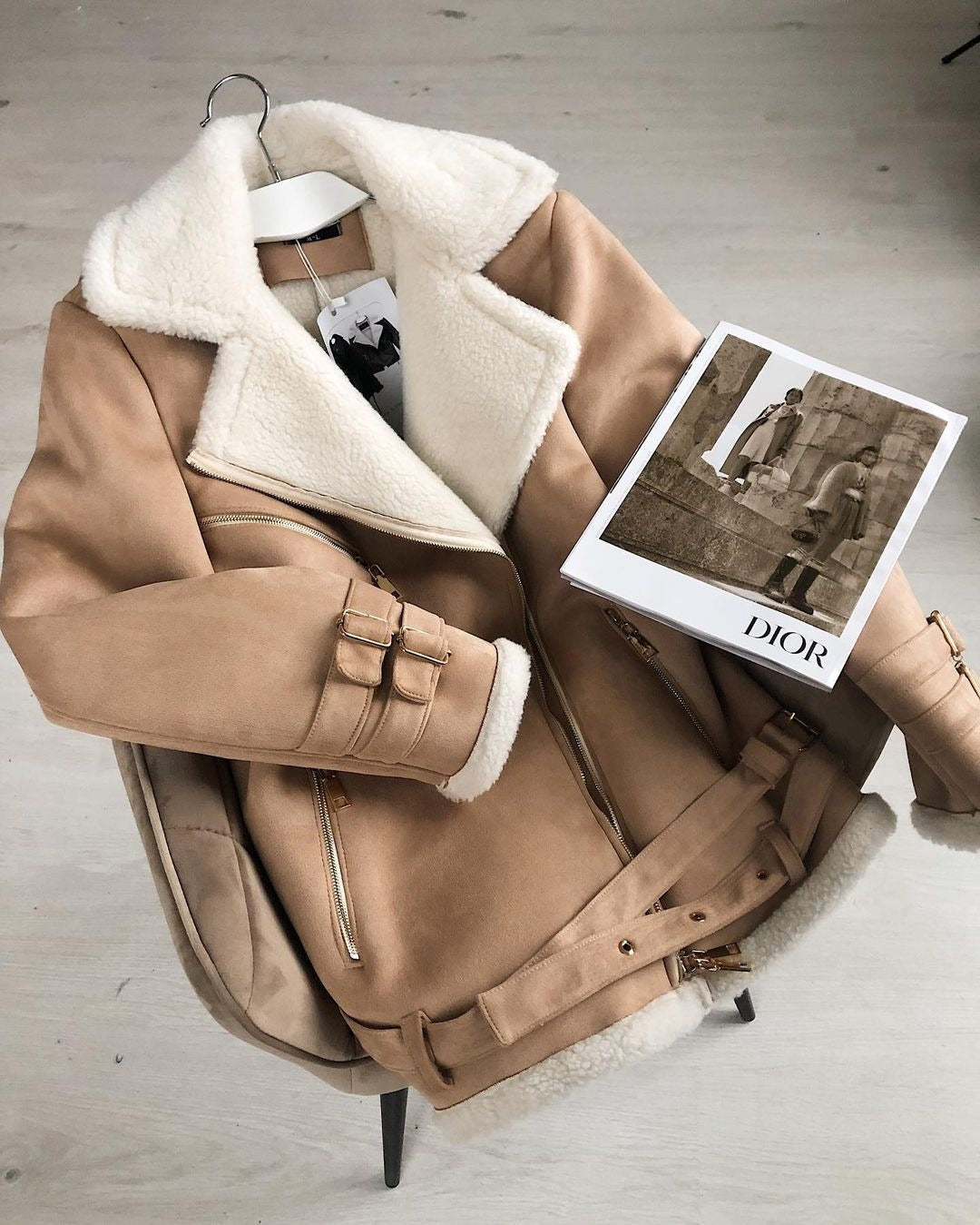 Women Oversized Faux Leather Pilot Jacket with Teddy Fur Lining and Buckles