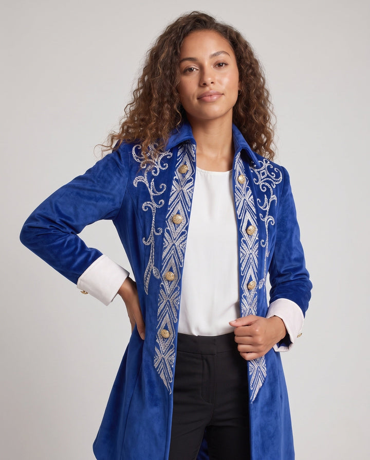Ladies Elegant Festive Jacket with Intricate Embroidery and Detailed Button Placket