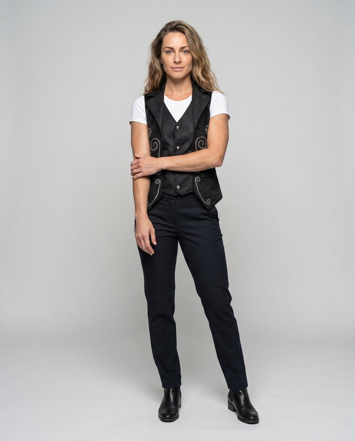 Ladies elegant satin vest with floral pattern and practical pockets