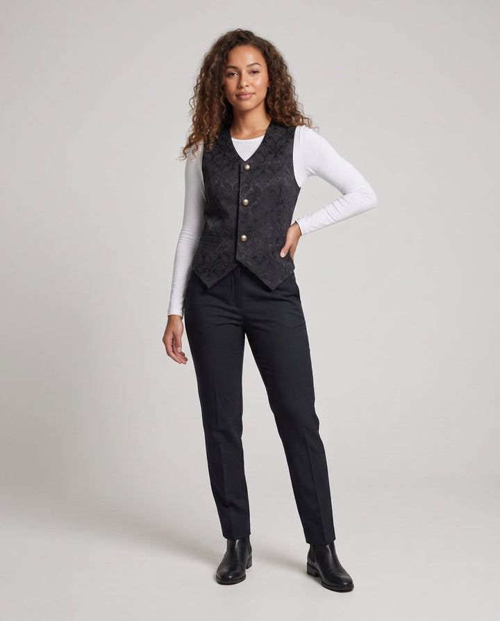 Ladies elegant vest with floral patterns and ornate buttons