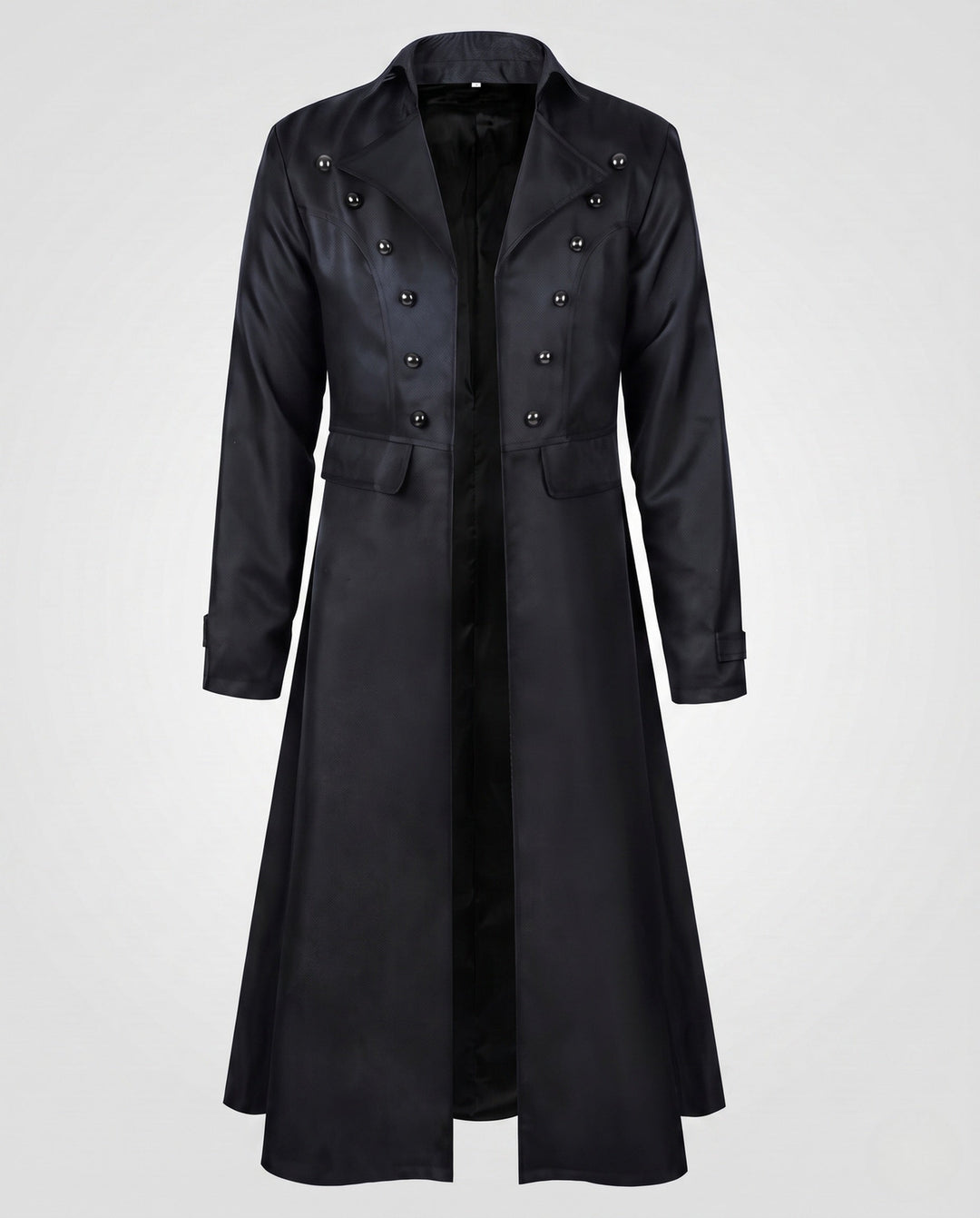 Women’s long coat with elaborate buttons and elegant silhouette