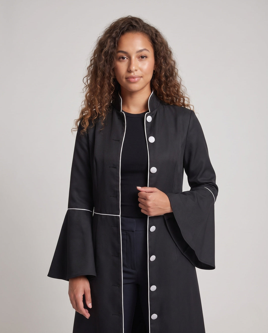 Women Elegant Long Coat with Bell Sleeves and Decorative Hem