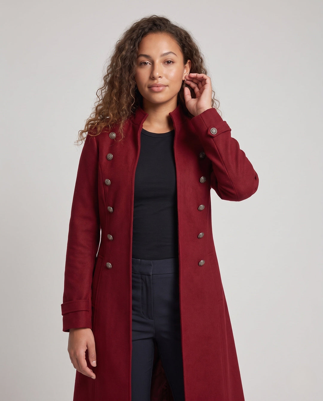 Ladies Elegant Long Padded Coat with Elaborate Buttons
