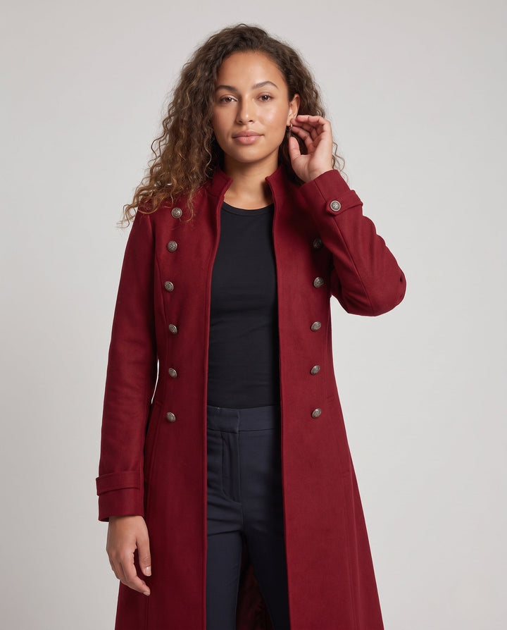 Ladies Elegant Long Padded Coat with Elaborate Buttons