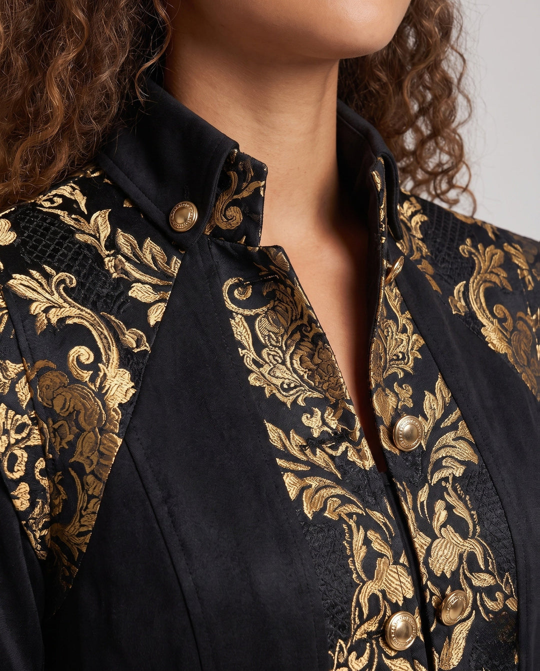 Ladies Elegant Long Coat with Artistic Decorations and Stand-Up Collar
