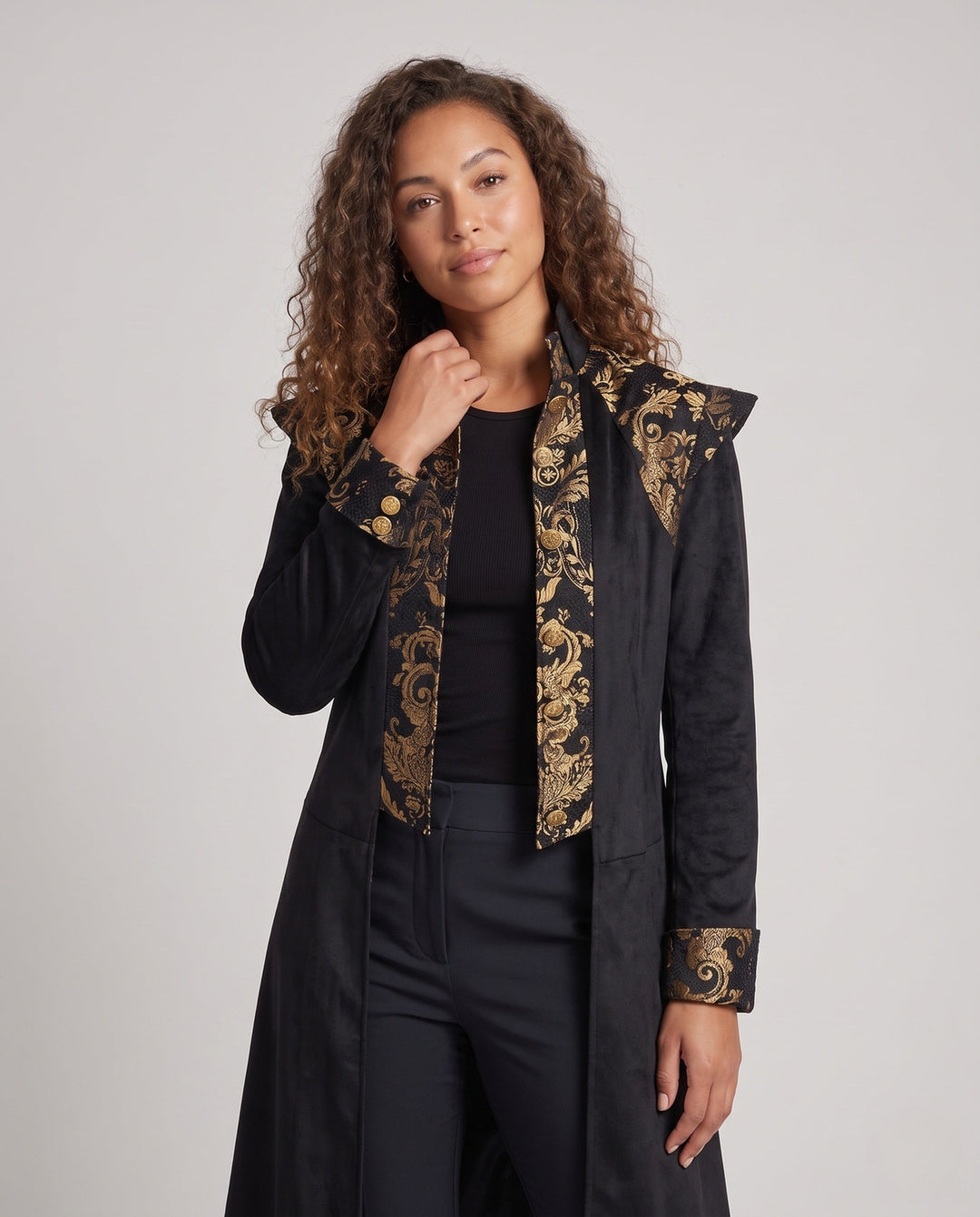 Ladies Elegant Long Coat with Artistic Decorations and Stand-Up Collar