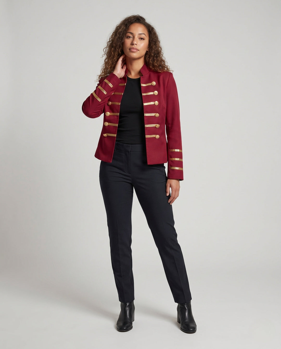 Women Military Lapel Jacket with Golden Buttons