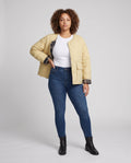 Women's quilted boxy cropped jacket with concealed snap buttons placket and extra large with patch pockets