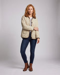 Women's unquilted oversized quilted jacket with contrast trims, large buttons, and patch pockets