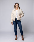 Women's cropped floral quilted puff jacket with an oversized silhouette, with High Collar and hidden zip