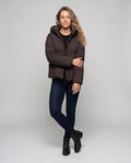 Women's cropped boxy quilted puffer with integrated hood and side zip pockets