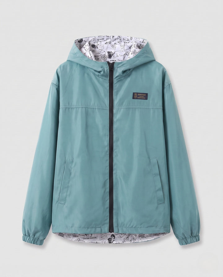 Unisex lightweight hooded windbreaker with printed lining and drawstring