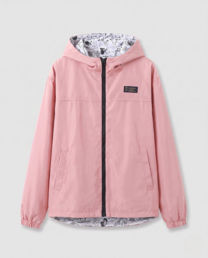 Unisex lightweight hooded windbreaker with printed lining and drawstring