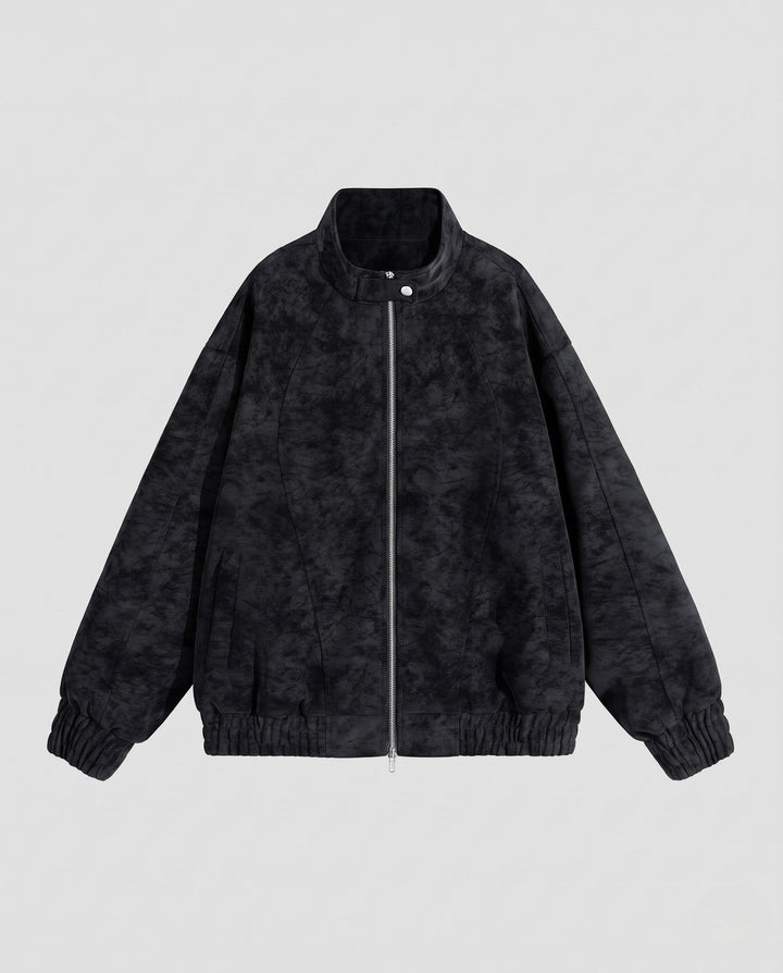 Unisex Oversized Velour-Look Transitional Jacket with Two-Way Metal Zip, Stand Collar &amp; Elastic Hem
