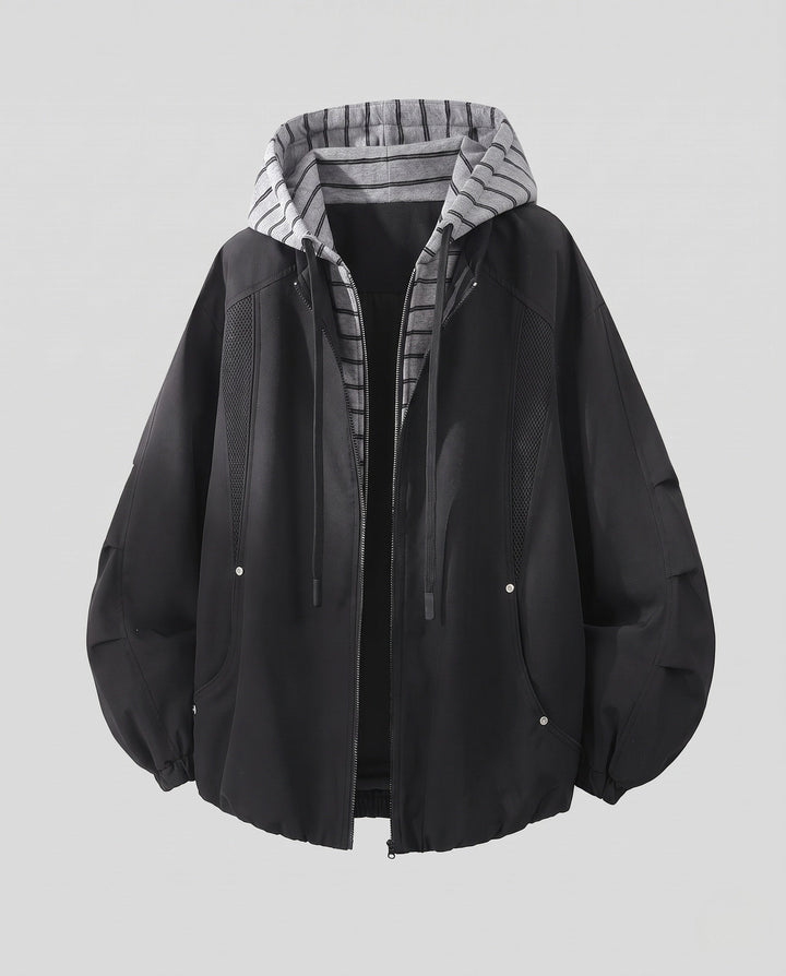 Unisex Oversized Windbreaker with Striped Hood Facing, Mesh Panels &amp; Drawstring