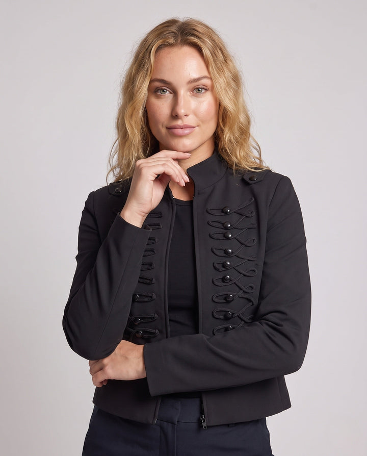Women Cropped Military Jacket in Hussar Style with Decorative Cords