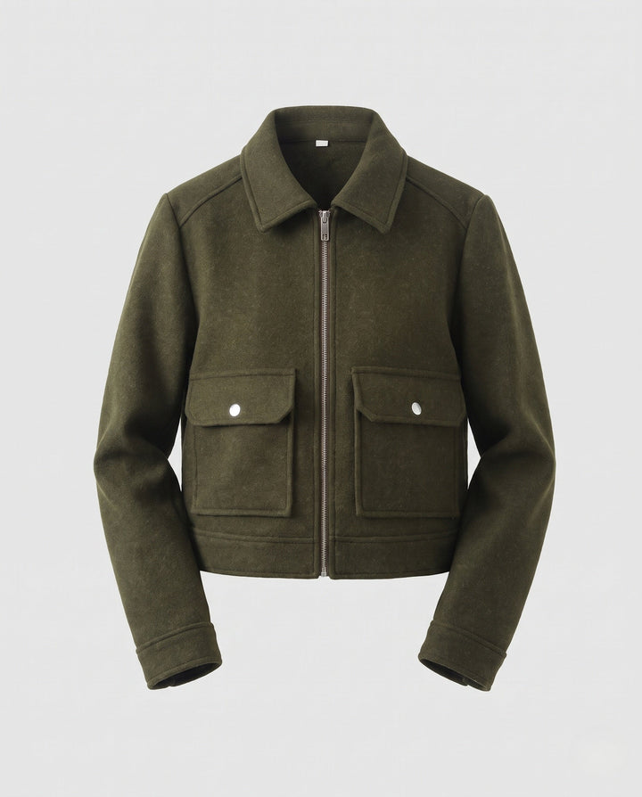 Women Short Wool Blend Cropped Jacket with Zip and Patch Pockets