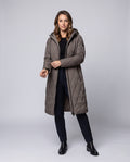 Women's Long Quilted Coat with Hood, Diamond Quilting and Two-Way Zip
