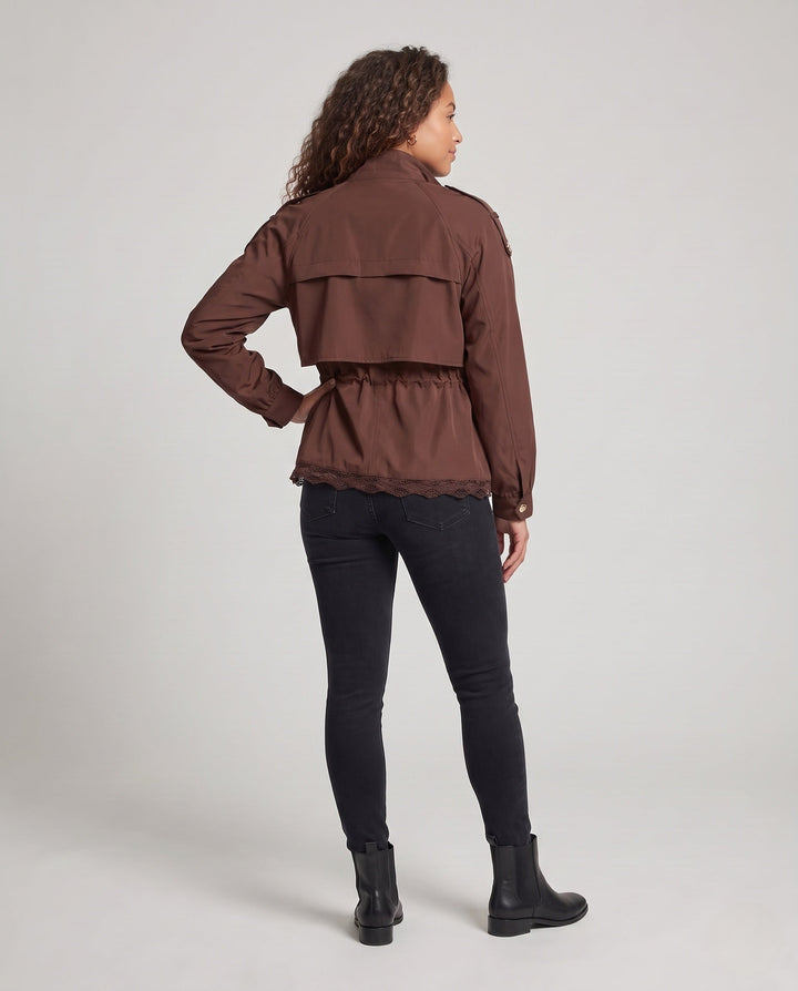Women’s utility field jacket with drawstring, lace trim and stand-up collar