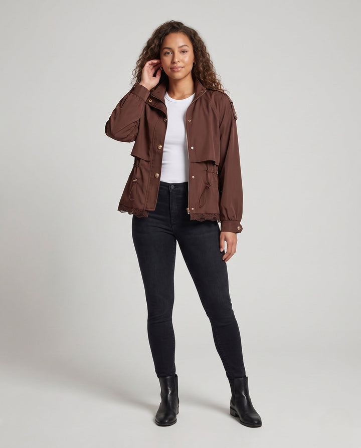 Women’s utility field jacket with drawstring, lace trim and stand-up collar