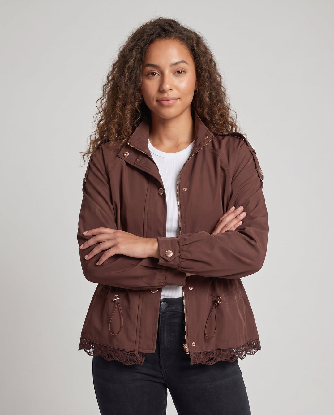 Women’s utility field jacket with drawstring, lace trim and stand-up collar