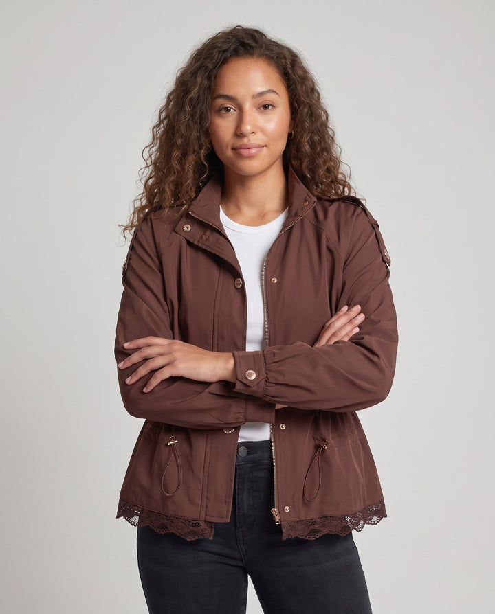 Women’s utility field jacket with drawstring, lace trim and stand-up collar