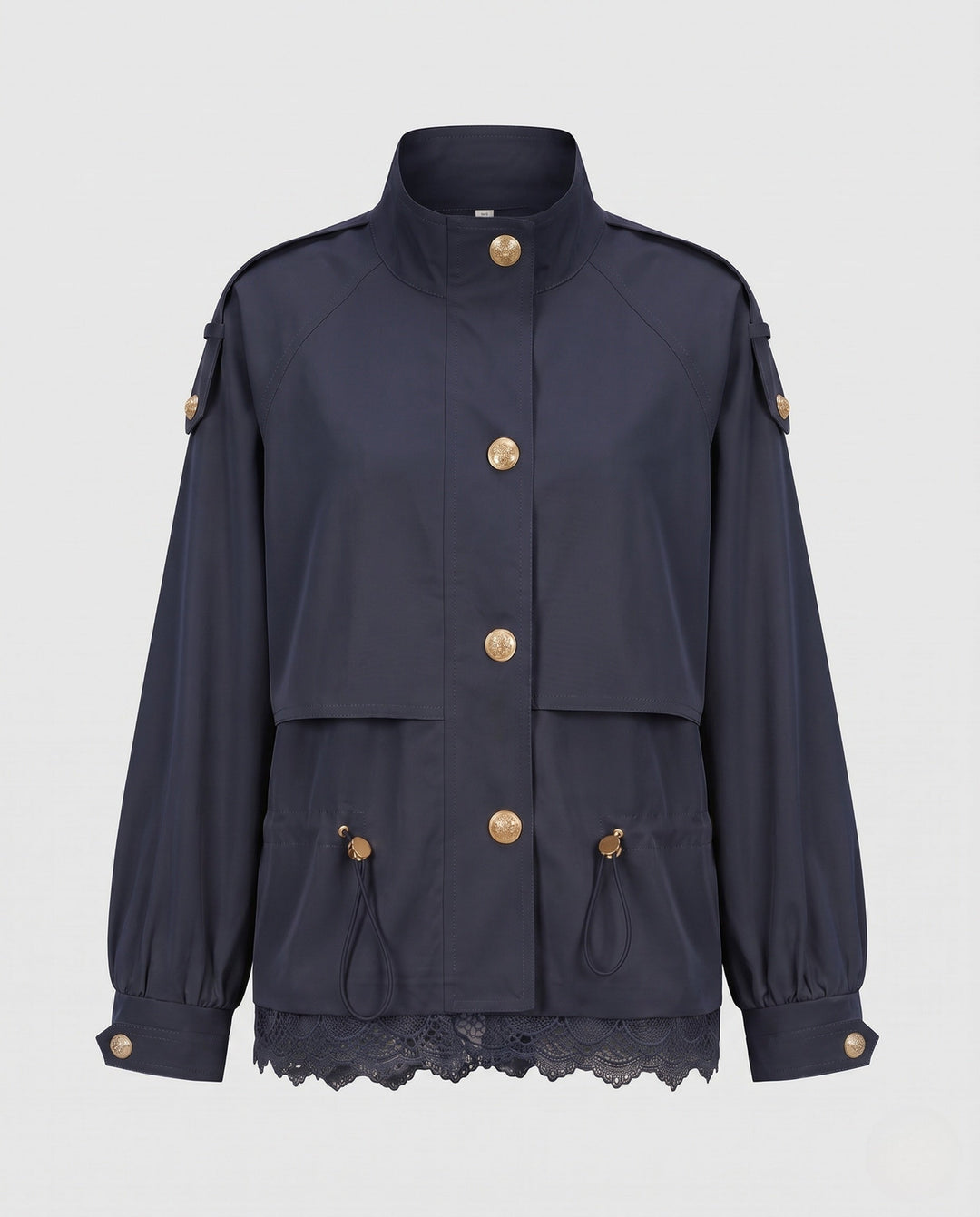 Women’s utility field jacket with drawstring, lace trim and stand-up collar
