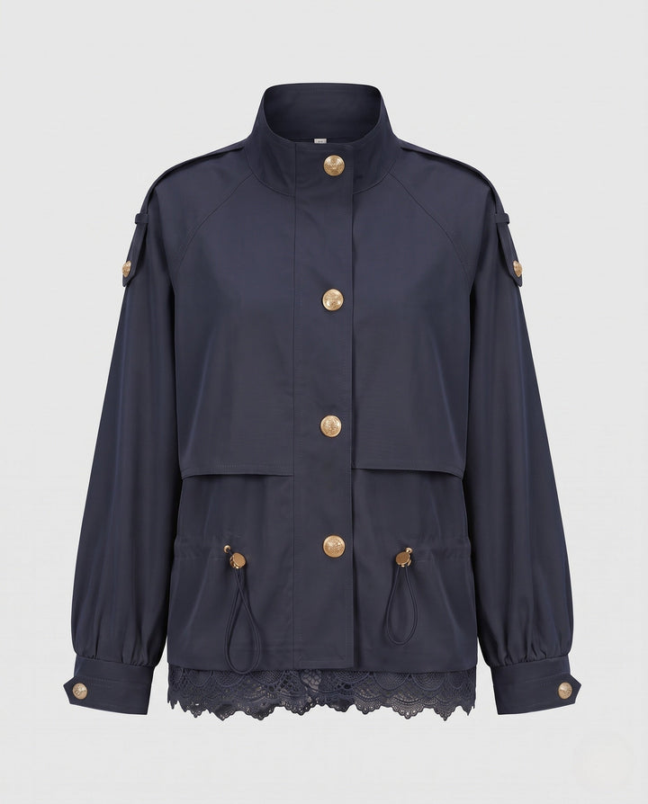 Women’s utility field jacket with drawstring, lace trim and stand-up collar