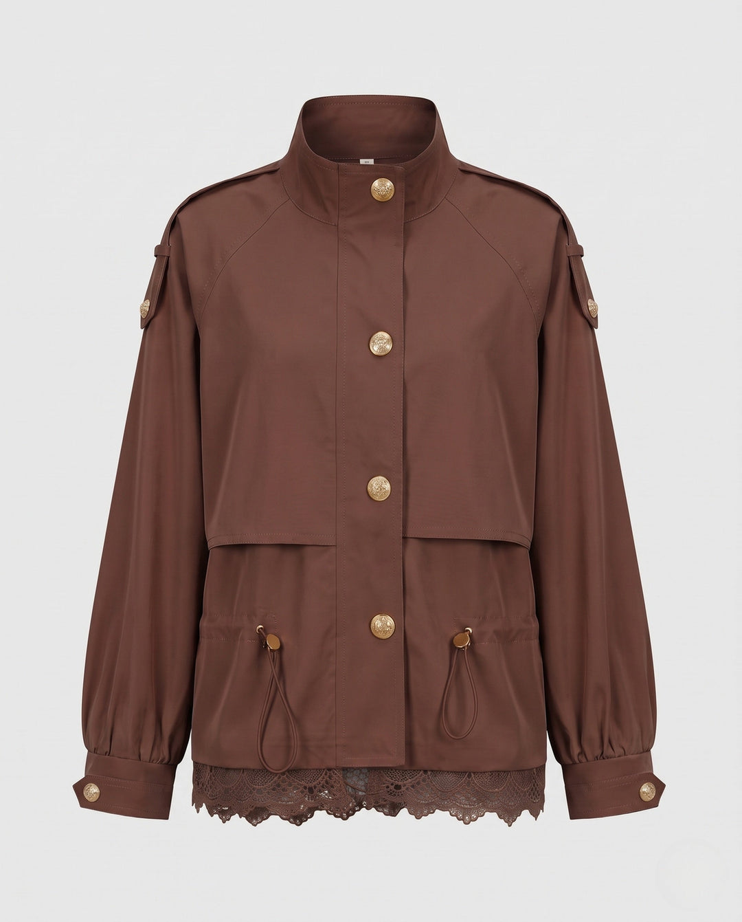 Women’s utility field jacket with drawstring, lace trim and stand-up collar