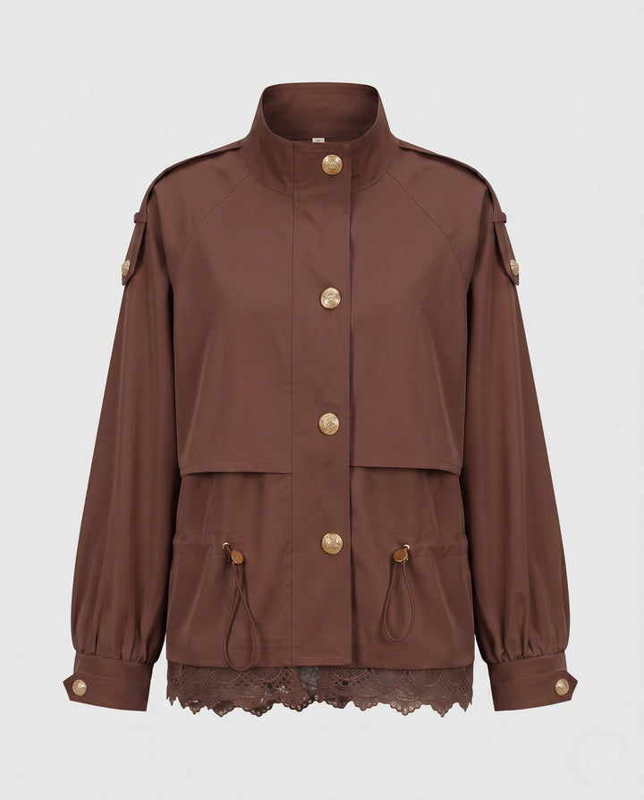 Women’s utility field jacket with drawstring, lace trim and stand-up collar
