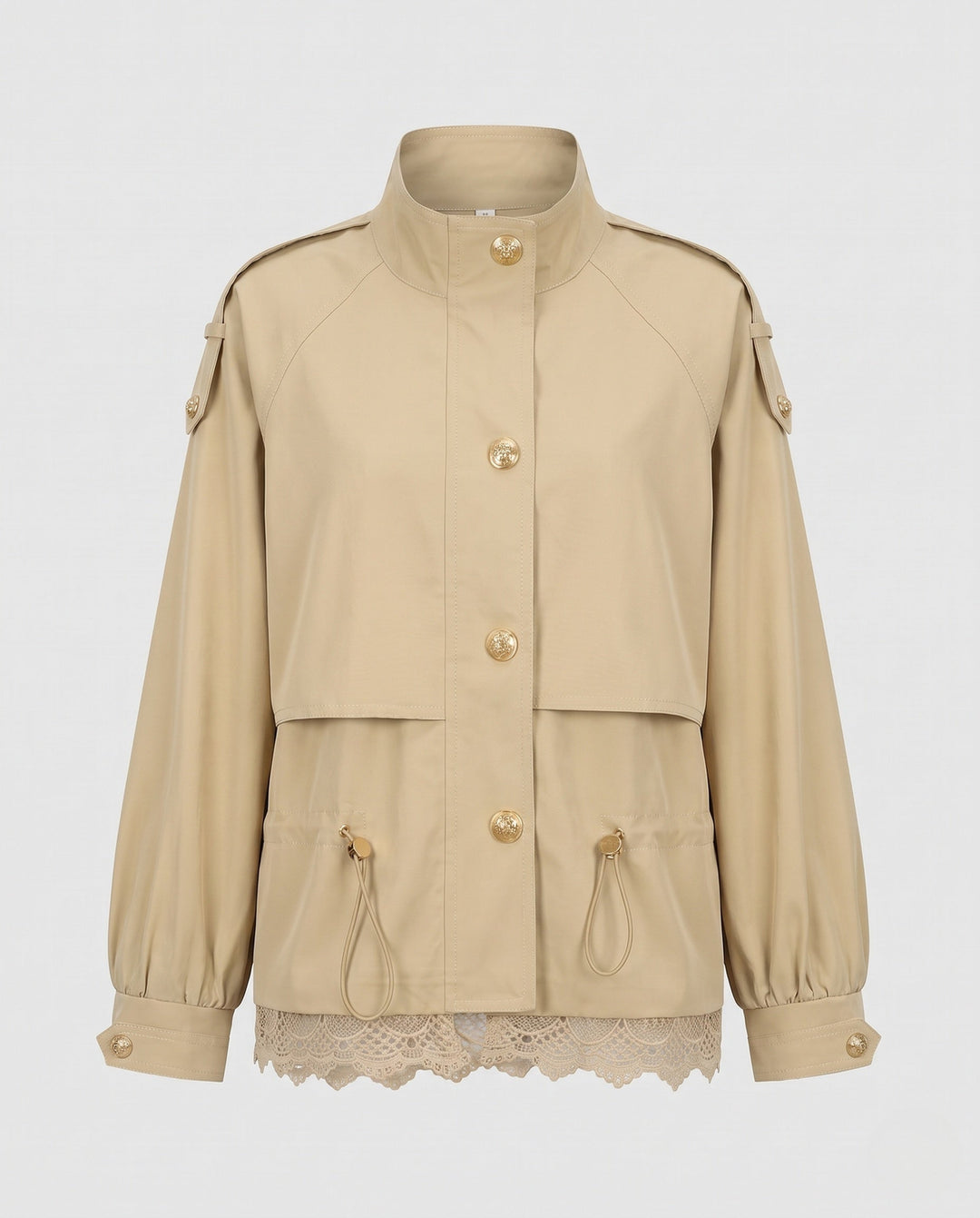 Women’s utility field jacket with drawstring, lace trim and stand-up collar